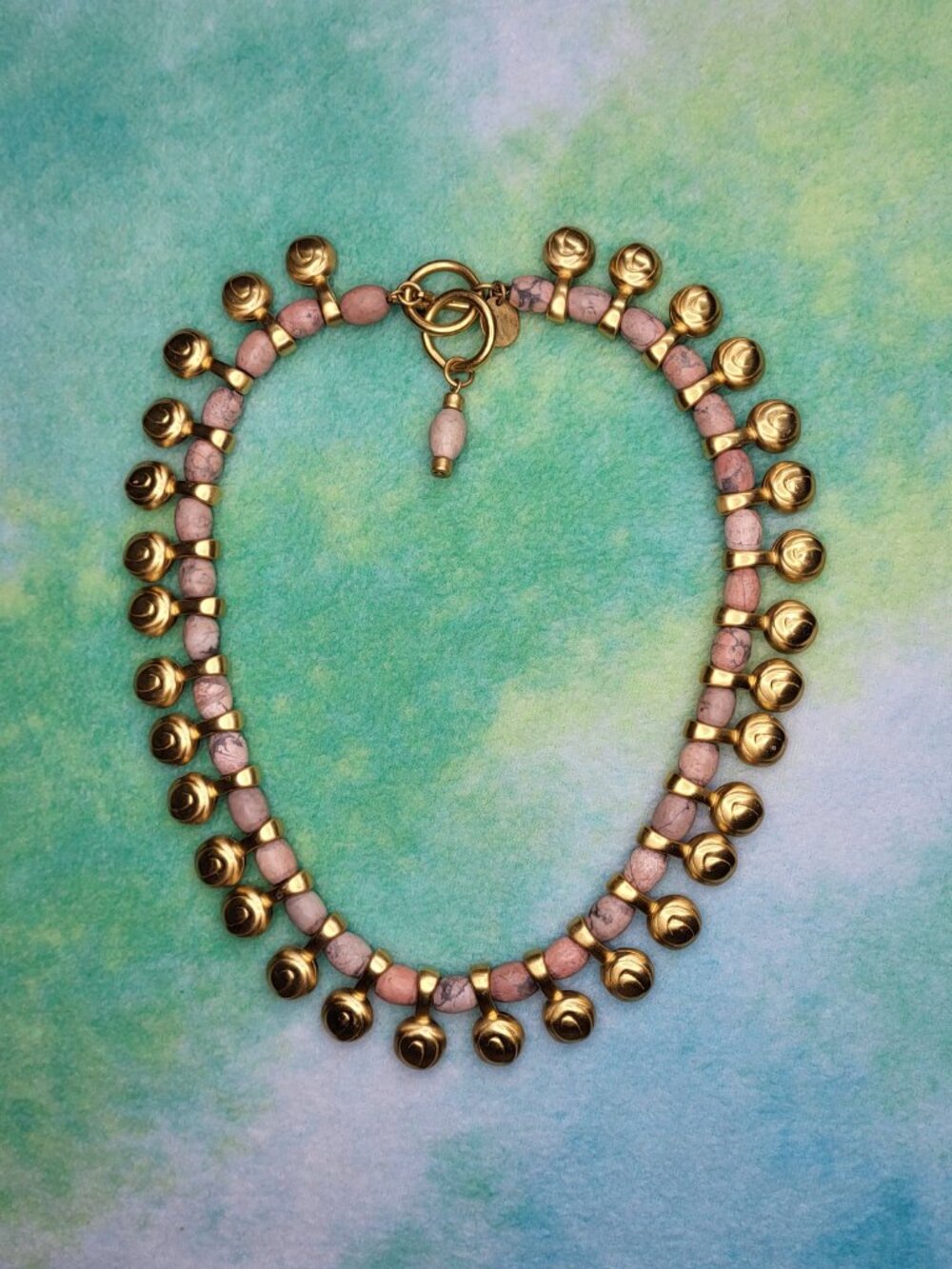 Vintage Anne Klein Couture Brushed Gold Tone and Pink Stone Necklace